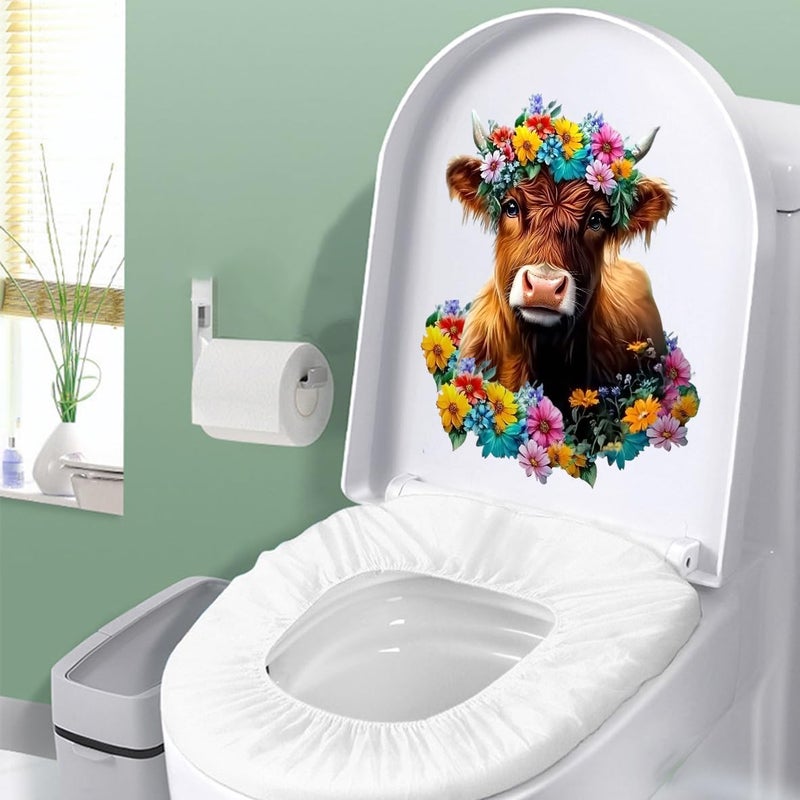 Iprokiu Funny Animal Toilet Seat Cover Decal Waterproof Cartoon Dog Cat Toilet Seat Lid Sticker Dinosaur Duck Washroom Bathroom Decal Home Wall Sticker (Cow) - Image 1